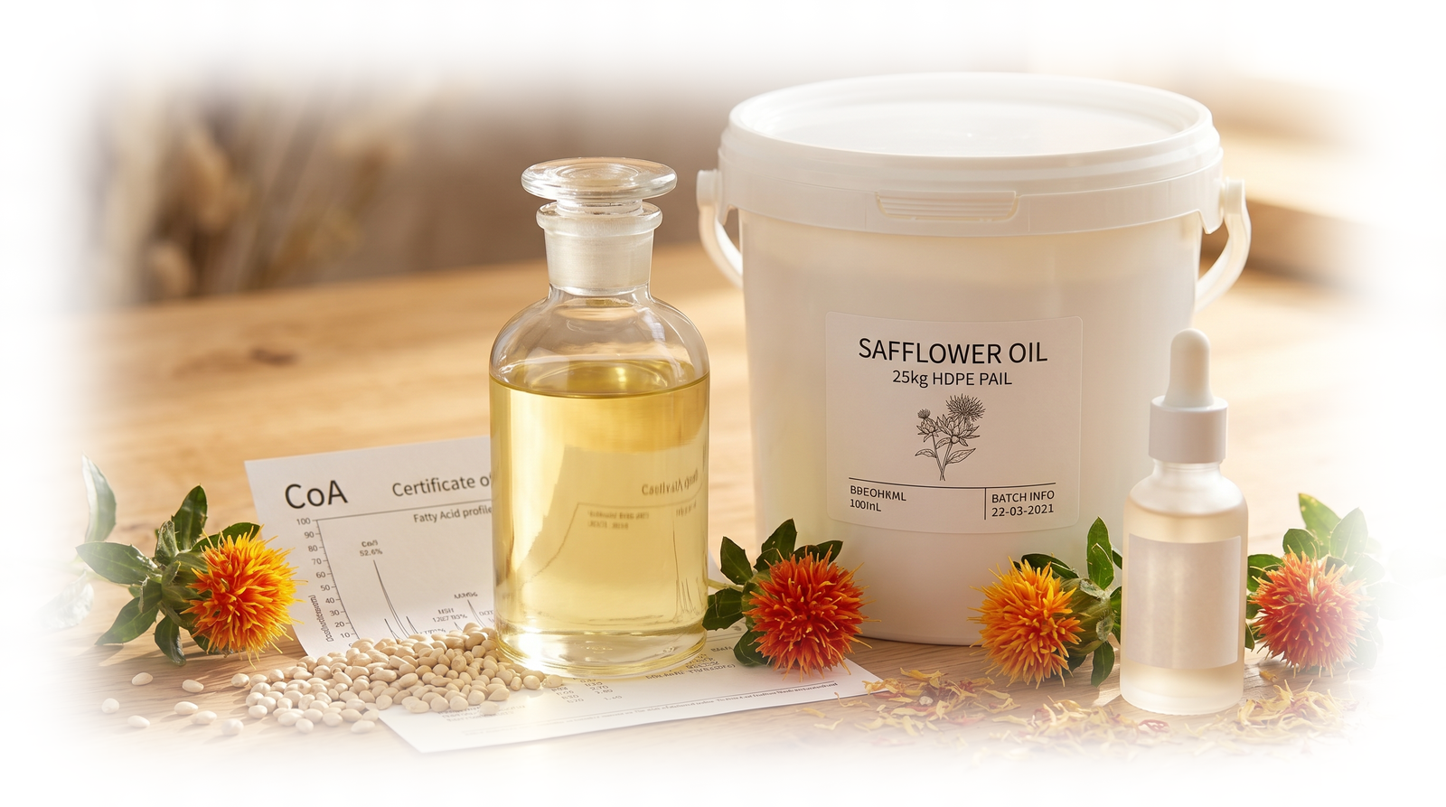 Buying Safflower Oil for Cosmetic Products: Wholesale Grades, COA Checks & Storage Best Practices